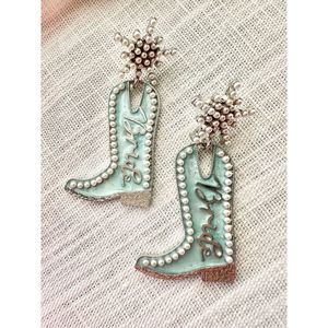 Aqua Turquoise Western Boot Drop Earrings with Silver Beaded Star